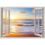 3DWindowWallStickers Sunset at the beach wall sticker window, sea wall decal for home decor, reflection wall art for nursery children kids home decoration [035]