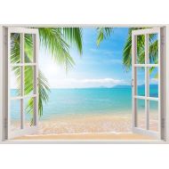 3DWindowWallStickers Beach wall decal 3D window, tropical coast wall decal for living room and bedroom, coast wall art for kids nursery children decoration [164]