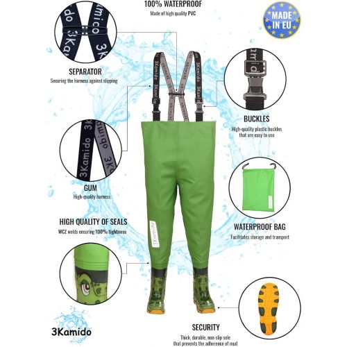  [아마존베스트]3Kamido Children’s Chest Waders - 10 Models Adjustable Waist Heavy-Duty Braces Nexus Buckle Kids Fishing Boots EU Size 20 - 35, UK Size 5 Jnr - 2