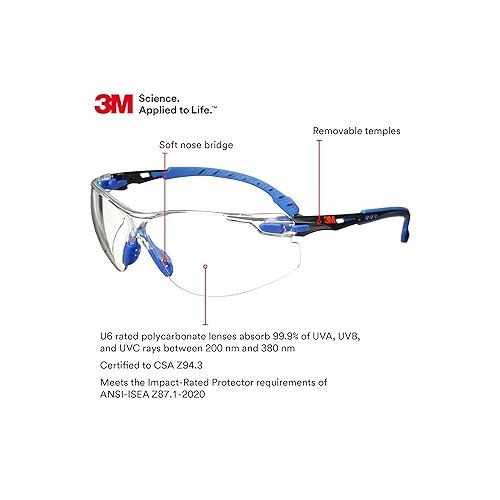쓰리엠 3M 70071694510 Safety Glasses Solus 1000 Series ANSI Z87 Scotchgard Anti-Fog Clear Lens Low Profile Blue/Black Frame