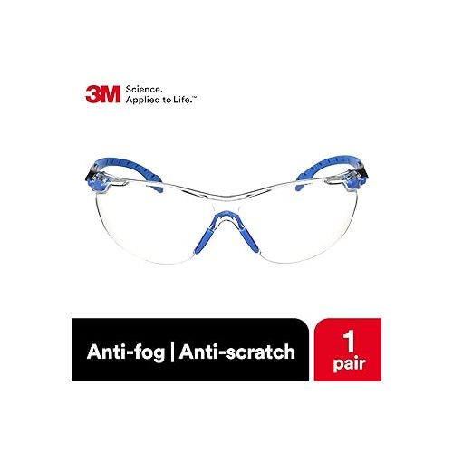 쓰리엠 3M 70071694510 Safety Glasses Solus 1000 Series ANSI Z87 Scotchgard Anti-Fog Clear Lens Low Profile Blue/Black Frame