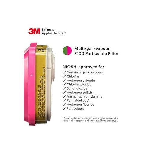 쓰리엠 3M P100 Respirator Cartridge/Filter 60926, 1 Pair, Helps Protect Against Organic Vapors, Acid Gases, Ammonia Methylamine, Formaldehyde and Particulates