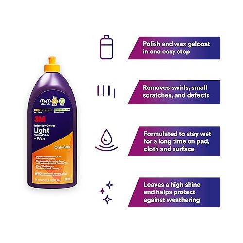 쓰리엠 3M Perfect-It Gelcoat Light Cutting Polish + Wax, 36110, 1 Quart, One-Step Process, Removes Scratches and Swirls, Light Oxidation Remover for Boats and RVs