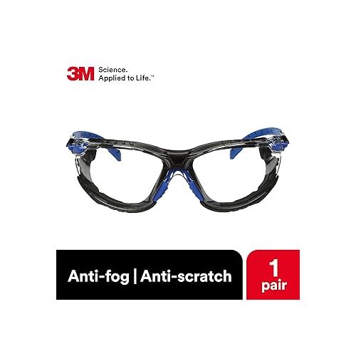 쓰리엠 3M Safety Glasses, Solus 1000 Series, ANSI Z87, Scotchgard Anti-Fog, Clear Lens, Blue/Black Frame, Removable Foam Gasket and Strap