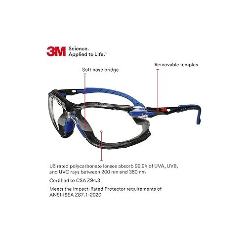 쓰리엠 3M Safety Glasses, Solus 1000 Series, ANSI Z87, Scotchgard Anti-Fog, Clear Lens, Blue/Black Frame, Removable Foam Gasket and Strap
