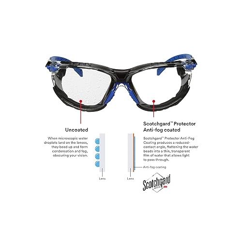 쓰리엠 3M Safety Glasses, Solus 1000 Series, ANSI Z87, Scotchgard Anti-Fog, Clear Lens, Blue/Black Frame, Removable Foam Gasket and Strap