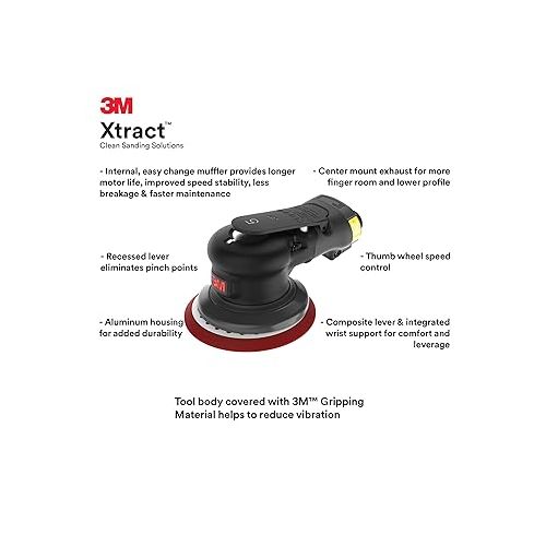 쓰리엠 3M Pneumatic Random Orbital Sander - Xtract ROS 88952, 6 in, Non-Vacuum, 3/8 in Orbit, Lightweight and Comfortable, 12000 RPM, 209W Motor, 3 Speed Settings with Thumb Control