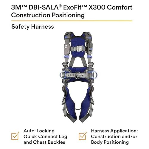 쓰리엠 3M 1113121 DBI-SALA ExoFit X300 Comfort Construction Positioning Safety Harness, Construction Fall Protection, Aluminum Back and Hip D-Rings, Auto-Locking Quick Connect Leg and Chest Buckles, Small