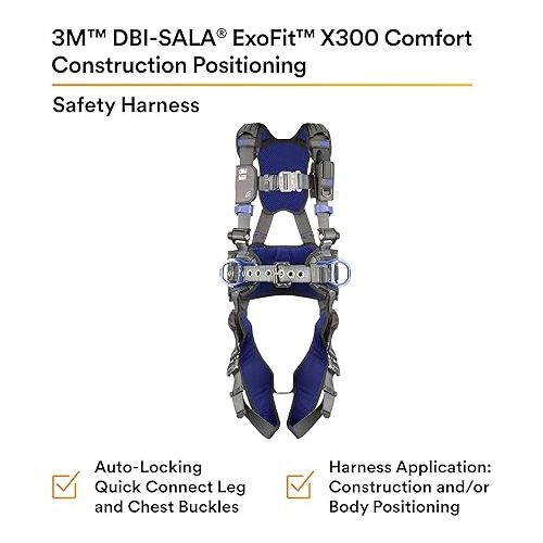 쓰리엠 3M 1113121 DBI-SALA ExoFit X300 Comfort Construction Positioning Safety Harness, Construction Fall Protection, Aluminum Back and Hip D-Rings, Auto-Locking Quick Connect Leg and Chest Buckles, Small