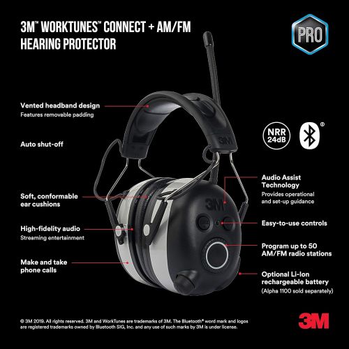 쓰리엠 3M WorkTunes Connect + AM/FM Hearing Protector with Bluetooth Technology, Ear protection for Mowing, Snowblowing, Construction, Work Shops