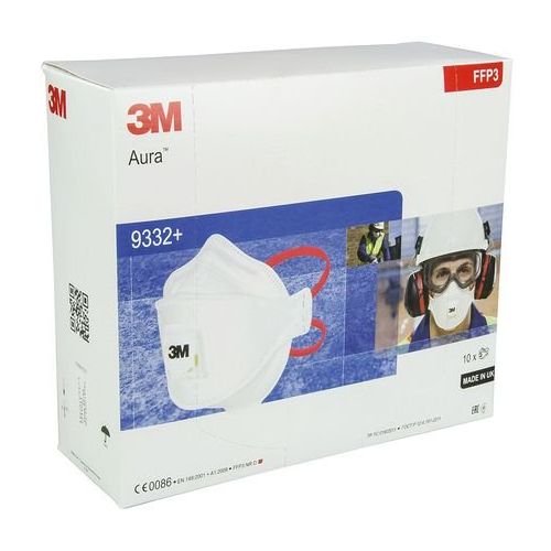 쓰리엠 3M Aura Flat Fold Face Mask Disposable Dust, Mist, Fume Respirator, FFP3, Valved, 9332+ (10 Masks)