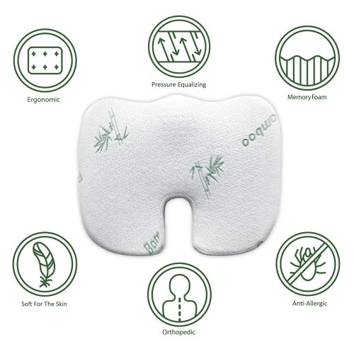  3coFit Orthopedic Gel Seat Sciatica Pillow - Non-Slip Memory Foam Bamboo Cushion - Provides Relieve Coccyx, Tailbone & Back Muscle Pain - Great for Office Chair, Car Seat, Wheelcha