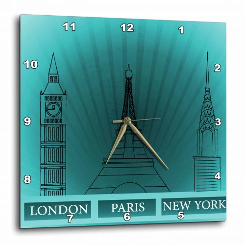  3dRose London, Paris, and New York Historical Structures In Turquoise, Wall Clock, 13 by 13-inch