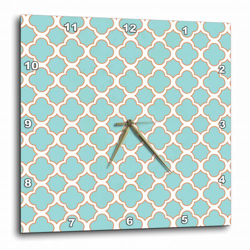  3dRose Quatrefoil Pattern Turquoise Blue and White with Orange Accent, Wall Clock, 10 by 10-inch