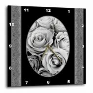 3dRose Silver gray roses in oval frame surrounded by damask ribbons, Wall Clock, 10 by 10-inch