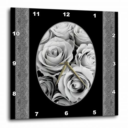  3dRose Silver gray roses in oval frame surrounded by damask ribbons, Wall Clock, 10 by 10-inch