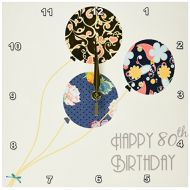 3dRose Happy 80th Birthday - Modern stylish floral Balloons. Elegant black brown blue 80 year old Bday, Wall Clock, 10 by 10-inch