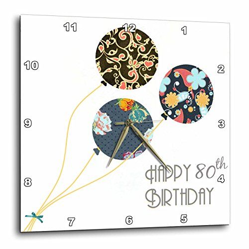  3dRose Happy 80th Birthday - Modern stylish floral Balloons. Elegant black brown blue 80 year old Bday, Wall Clock, 10 by 10-inch