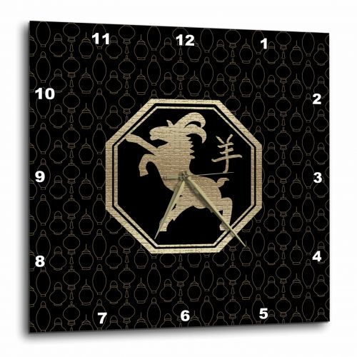  3dRose Chinese Zodiac Sign, Year of the Goat, Gold on Black with Lanterns, Wall Clock, 10 by 10-inch