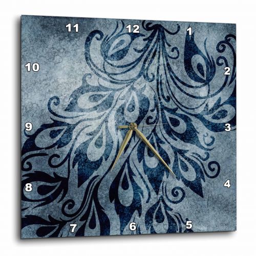  3dRose Blue Grunge Peacock Feathers Art, Wall Clock, 10 by 10-inch