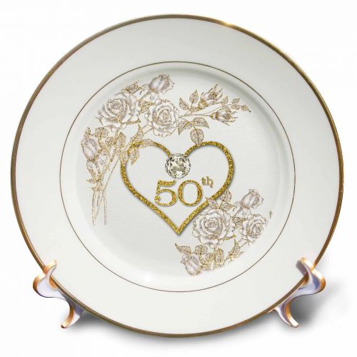  3dRose 50th Golden Wedding Anniversary in Faux Gold Glitter Heart on White - Porcelain Plate, 8-inch