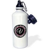 3dRose wb_154614_1Letter V stylish monogrammed circle-girly personal initial personalized black damask with hot pink Sports Water Bottle, 21 oz, White