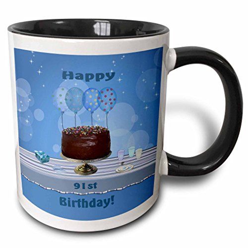  3dRose 91st Birthday Party with Chocolate Cake and Blue Balloons Mug, 11 oz, Black