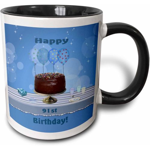  3dRose 91st Birthday Party with Chocolate Cake and Blue Balloons Mug, 11 oz, Black