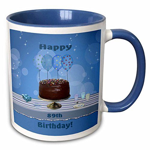  3dRose 89th Birthday Party with Chocolate Cake and Blue Balloons Mug, 11 oz