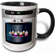 3dRose mug_58309_4Cute kawaii happy smiling oven filled with baking cupcakes - for chefs foodies and cooking fans Two Tone Black Mug, 11 oz, Multicolor
