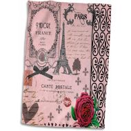 3D Rose Stylish Vintage Pink Paris Collage Art-Eiffel Tower-Red Rose-Girly Gothic Black Bow and Swirls Hand/Sports Towel, 15 x 22