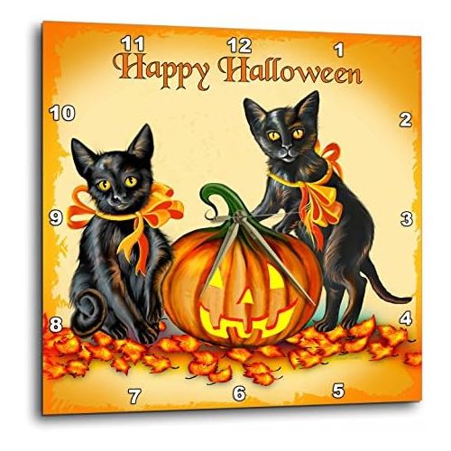  3dRose dpp_11651_3 This Design Features a Pair of Frisky Black Kittens and a Glowing Jackolantern on Halloween Wall Clock, 15 by 15-Inch