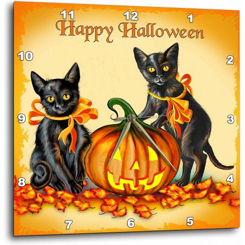  3dRose dpp_11651_3 This Design Features a Pair of Frisky Black Kittens and a Glowing Jackolantern on Halloween Wall Clock, 15 by 15-Inch