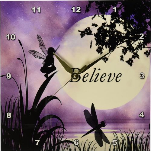  3dRose dpp_35696_1 Believe Fairy with Dragonflies with Moon and Purple Sky Wall Clock, 10 by 10-Inch