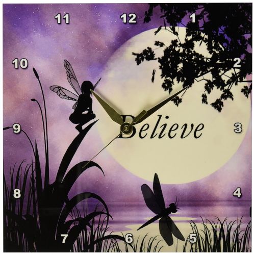  3dRose dpp_35696_1 Believe Fairy with Dragonflies with Moon and Purple Sky Wall Clock, 10 by 10-Inch