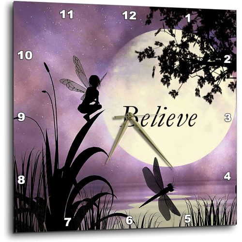  3dRose dpp_35696_1 Believe Fairy with Dragonflies with Moon and Purple Sky Wall Clock, 10 by 10-Inch