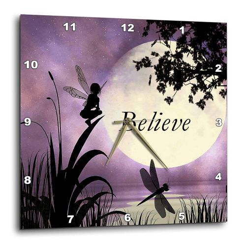  3dRose dpp_35696_1 Believe Fairy with Dragonflies with Moon and Purple Sky Wall Clock, 10 by 10-Inch