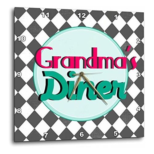  3dRose Grandmas Diner Sign on Black and White Diamonds Retro Hot Pink Aqua Teal 1950S 50S Fifties Kitchen - Wall Clock, 13 by 13-Inch (DPP_151652_2)