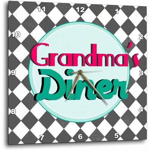  3dRose Grandmas Diner Sign on Black and White Diamonds Retro Hot Pink Aqua Teal 1950S 50S Fifties Kitchen - Wall Clock, 13 by 13-Inch (DPP_151652_2)
