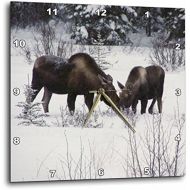 3dRose dpp_14600_3 Moose Cow and Calf Eating Winter Branches in The Snowy Field 1-Wall Clock, 15 by 15-Inch