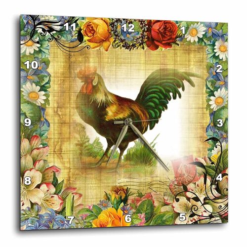  3dRose Image of Country Rooster On Flowered Old Postcard-Wall Clock, 10-inch (DPP_224341_1)