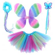 4 PC Girls Fairy Wings Butterfly Costume Set with Wings, Tutu, Wand & Halo (Colorful)