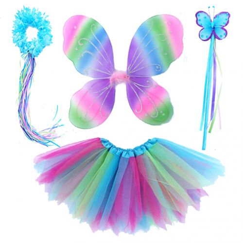  4 PC Girls Fairy Wings Butterfly Costume Set with Wings, Tutu, Wand & Halo (Colorful)