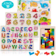 [아마존 핫딜] [아마존핫딜]4 Pack Toddler Puzzles, Ezire Wooden Peg Puzzles for Kids - Numbers Puzzle, Alphabet Puzzle, Sea Creatures Puzzle, Tetris Puzzles Toy Perfect Pegged Puzzle for Baby Learning