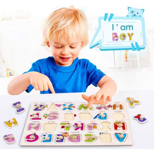  [아마존 핫딜] [아마존핫딜]4 Pack Toddler Puzzles, Ezire Wooden Peg Puzzles for Kids - Numbers Puzzle, Alphabet Puzzle, Sea Creatures Puzzle, Tetris Puzzles Toy Perfect Pegged Puzzle for Baby Learning