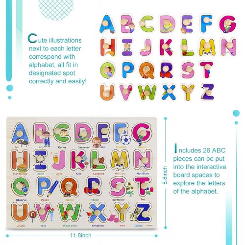  [아마존 핫딜] [아마존핫딜]4 Pack Toddler Puzzles, Ezire Wooden Peg Puzzles for Kids - Numbers Puzzle, Alphabet Puzzle, Sea Creatures Puzzle, Tetris Puzzles Toy Perfect Pegged Puzzle for Baby Learning