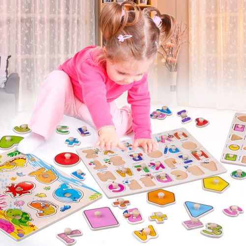  [아마존 핫딜] [아마존핫딜]4 Pack Toddler Puzzles, Ezire Wooden Peg Puzzles for Kids - Numbers Puzzle, Alphabet Puzzle, Sea Creatures Puzzle, Tetris Puzzles Toy Perfect Pegged Puzzle for Baby Learning