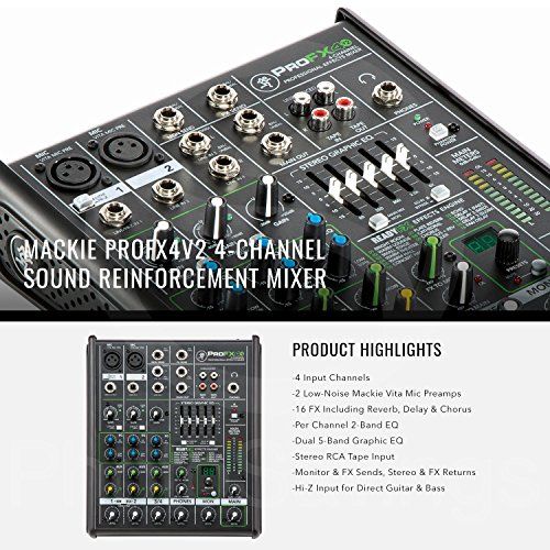  Photo Savings Mackie PROFX4V2 4-Channel Compact Mixer with Built-In Effects and Platinum Bundle with Professional Headphones, Microphone, Mic Stand, Home Recording for Dummies, 8x Cables, More
