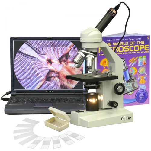  40X-2500X Advanced Home School Compound Microscope + 3MP Camera, Slides & Book by AmScope