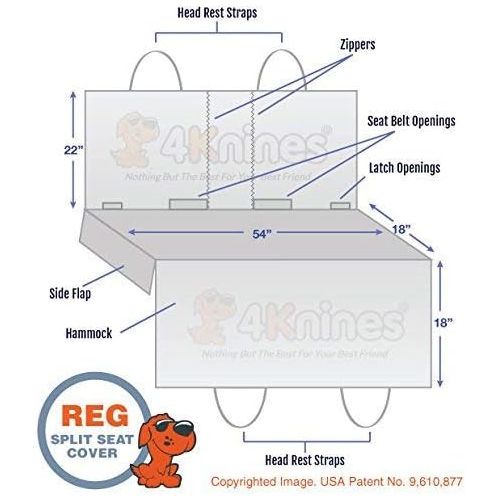  4Knines Dog Seat Cover with Hammock - 6040 split and middle seat belt capable - USA Based Company